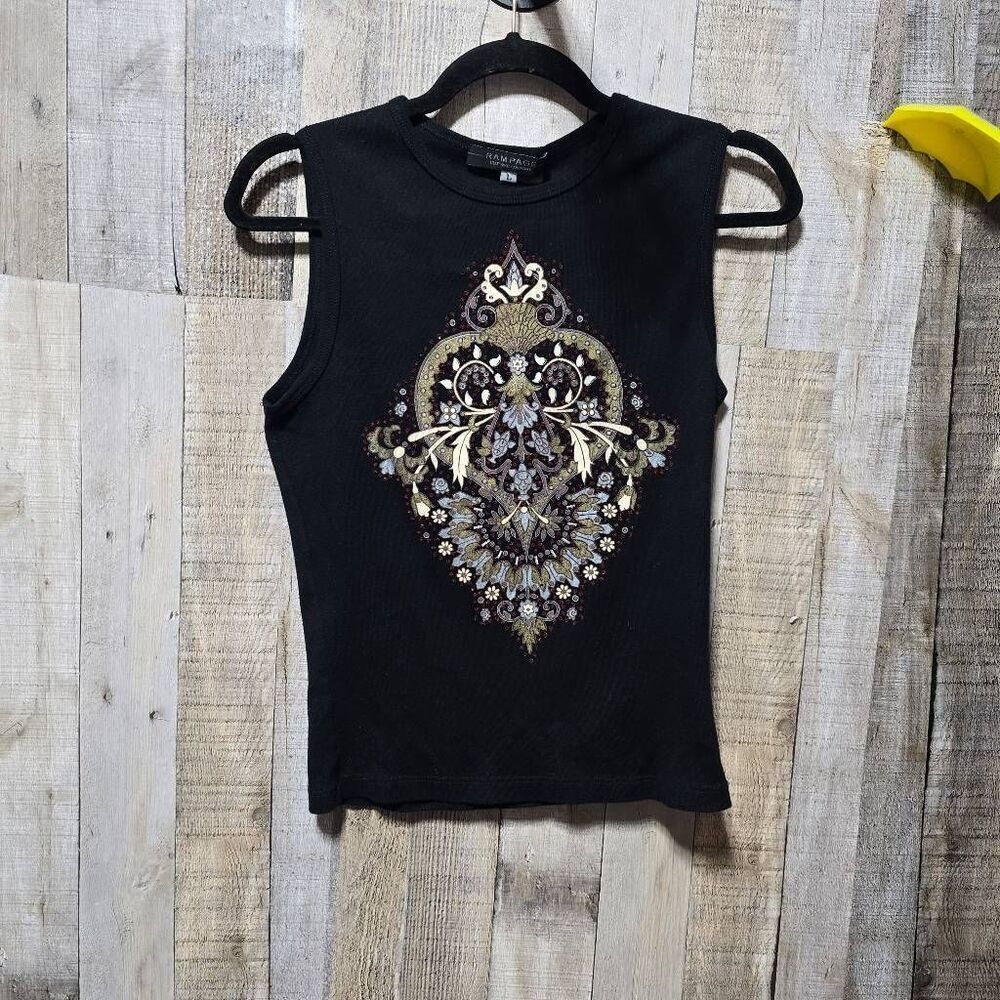 Rampage Vintage Y2K Black Graphic Beaded Tank Top Alt Emo Goth Maximalist